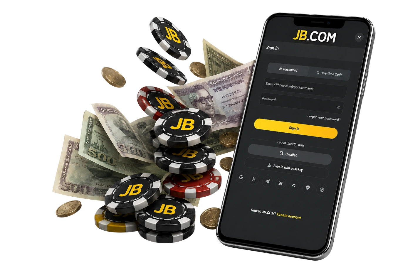 JB.COM mobile login with casino chips and Bangladesh currency illustration